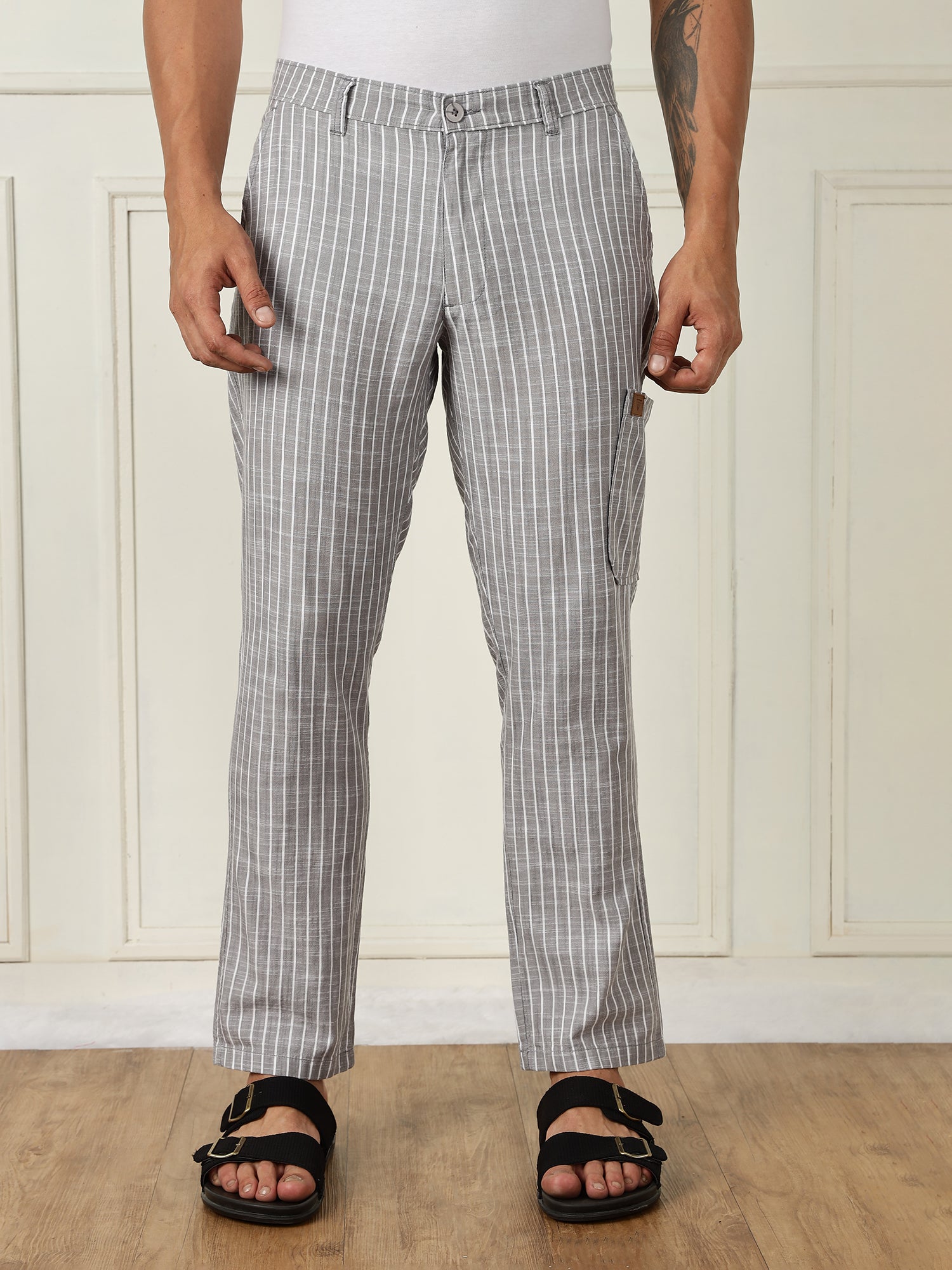 Thomas Scott Men Grey Mid-Rise Straight Fit Striped Linen Trouser