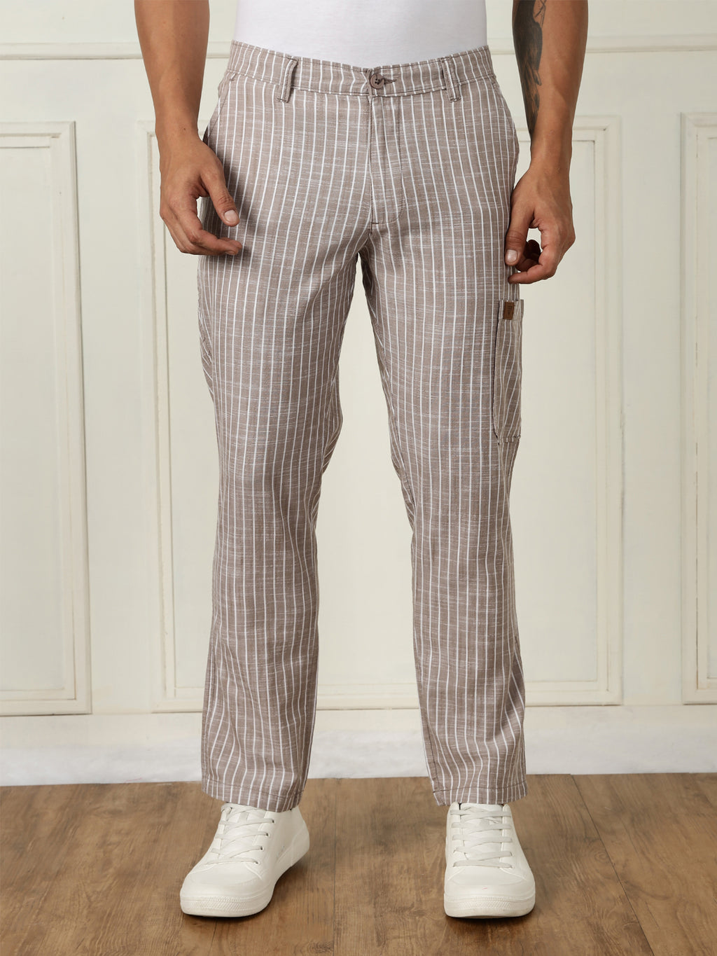 Thomas Scott Men Light Brown Mid-Rise Straight Fit Striped Linen Trouser