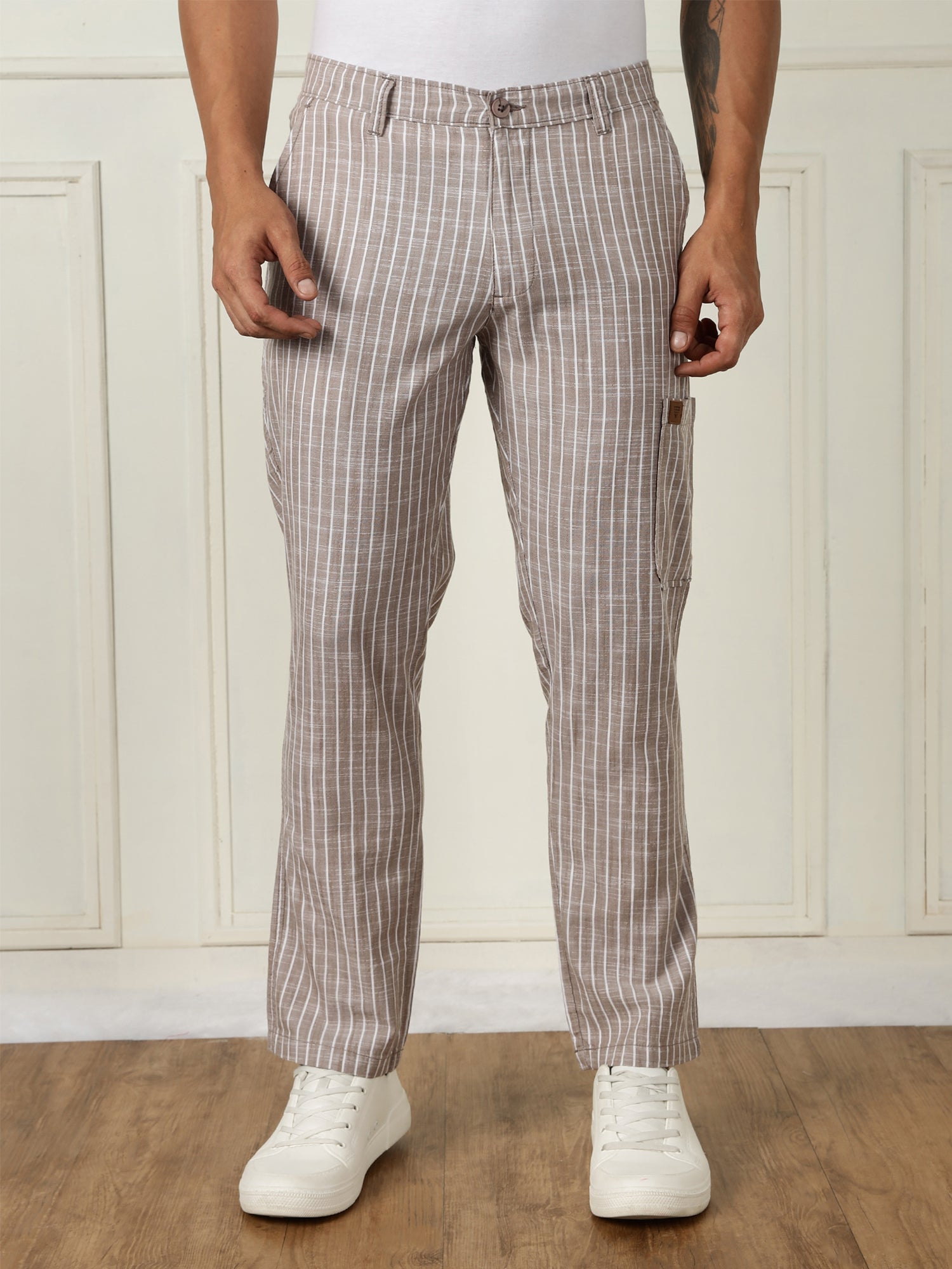 Thomas Scott Men Light Brown Mid-Rise Straight Fit Striped Linen Trouser