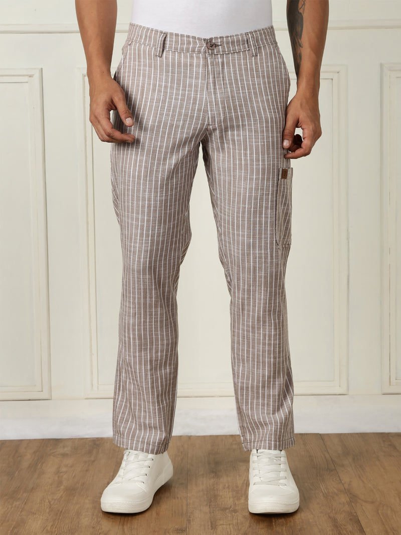 Thomas Scott Men Light Brown Mid-Rise Straight Fit Striped Linen Trouser
