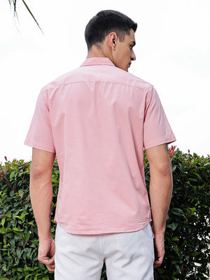 Thomas Scott Men Pink Regular Fit Short Sleeves Spread Collar Embroidered Shirt