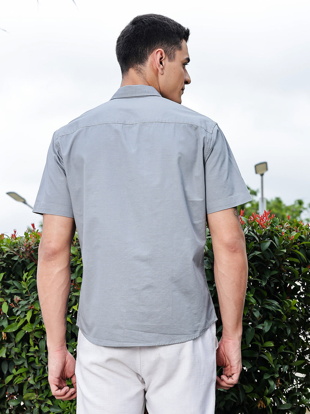 Thomas Scott Men Light Grey Regular Fit Short Sleeves Spread Collar Embroidered Shirt
