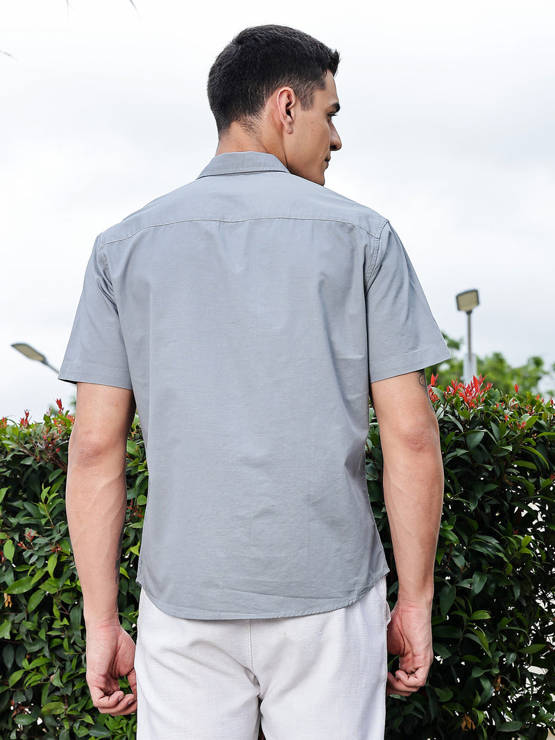 Thomas Scott Men Light Grey Regular Fit Short Sleeves Spread Collar Embroidered Shirt