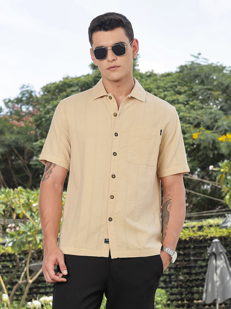 Thomas Scott Men Beige Slim Fit Short Sleeves Self Design Seersucker Shirt