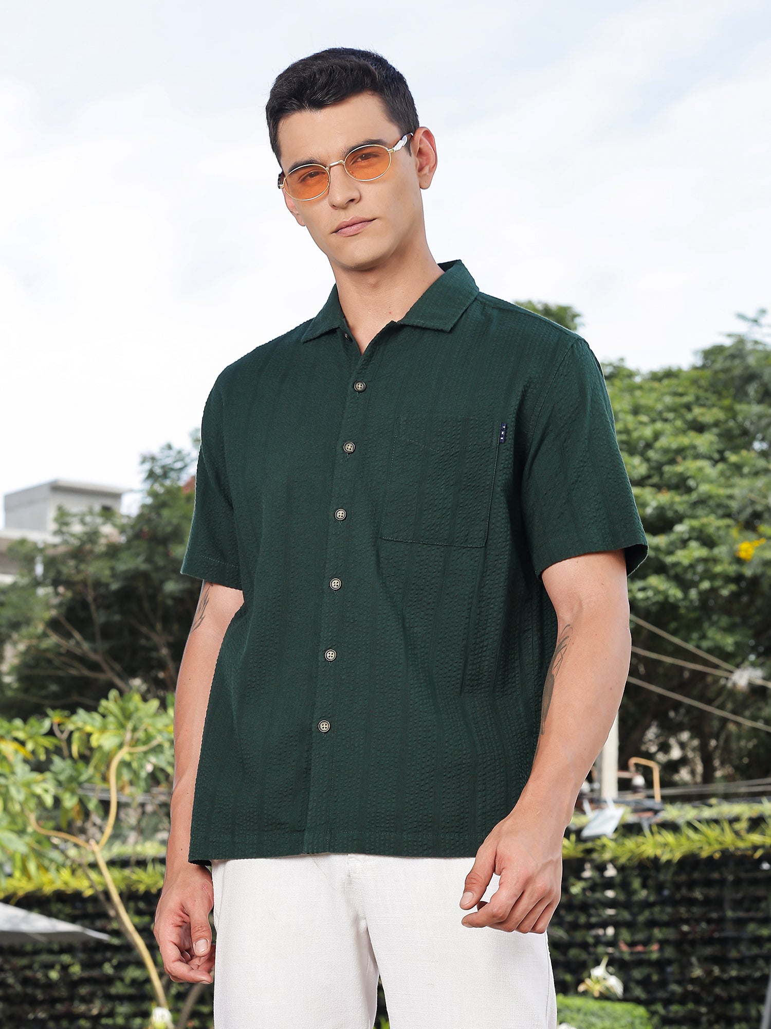Thomas Scott Men Green Slim Fit Short Sleeves Self Design Seersucker Shirt