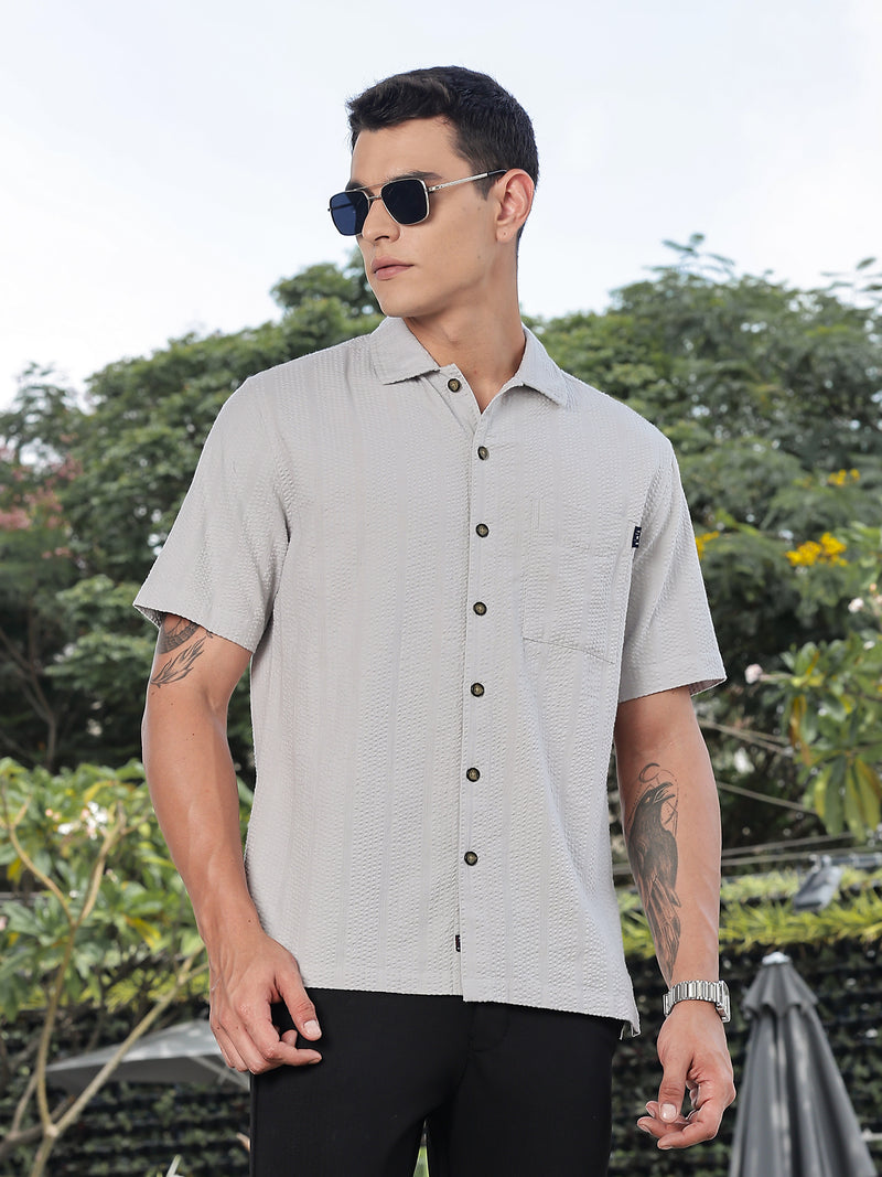 Thomas Scott Men Grey Slim Fit Short Sleeves Self Design Seersucker Shirt