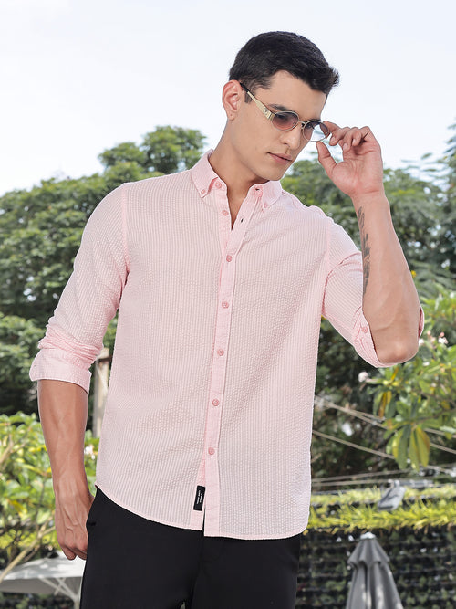 Thomas Scott Men Pink Slim Fit Long Sleeves Button-Down Collar Seersucker Shirt