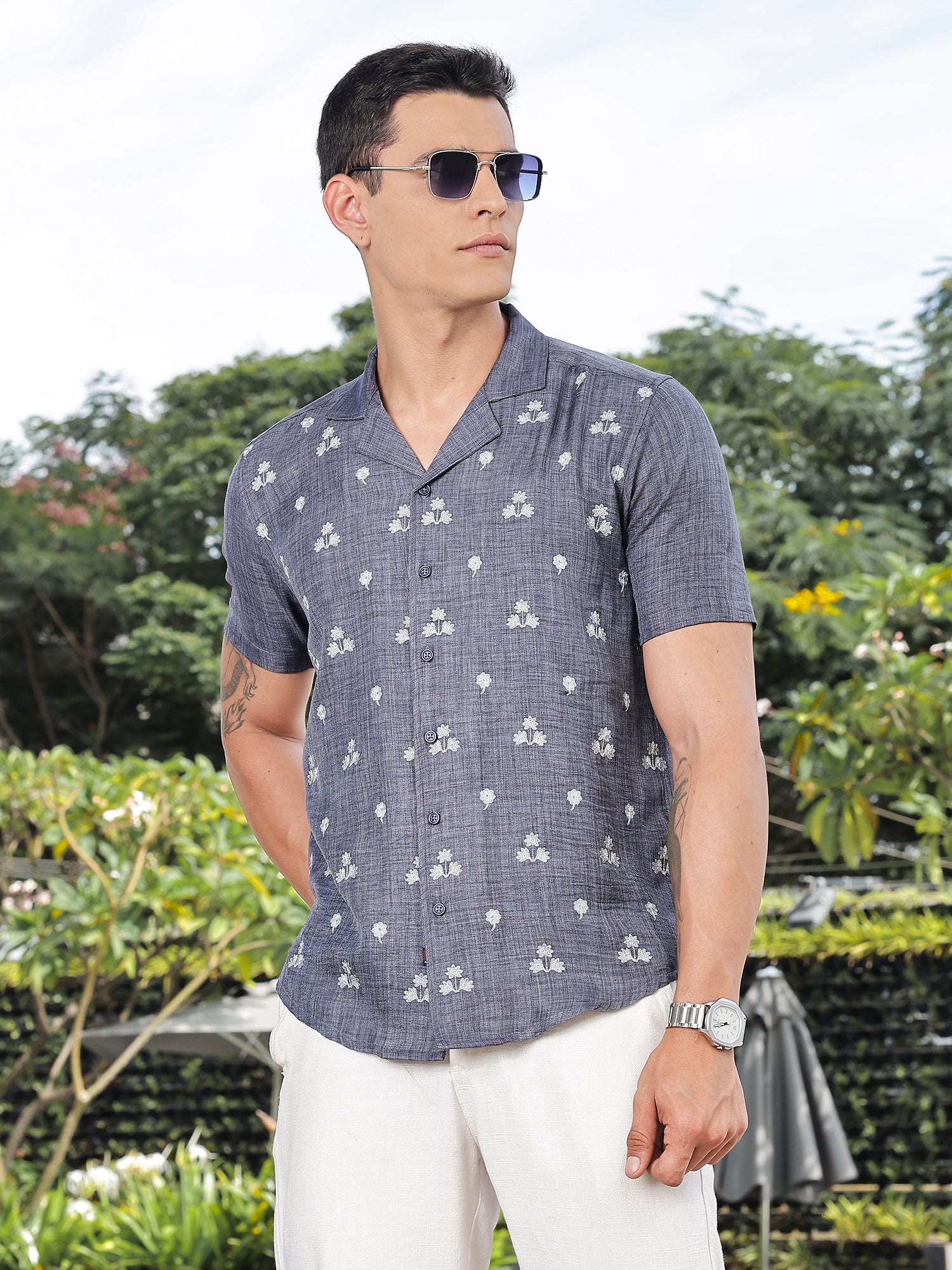 Thomas Scott Men Navy Regular Fit Short Sleeves Cuban Collar Embroidered Crop Shirt
