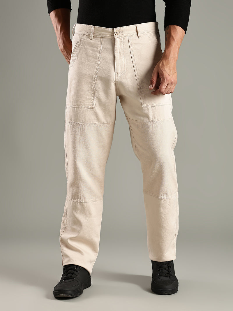 Thomas Scott Men Cream Mid-Rise Relaxed Fit Woven Trouser