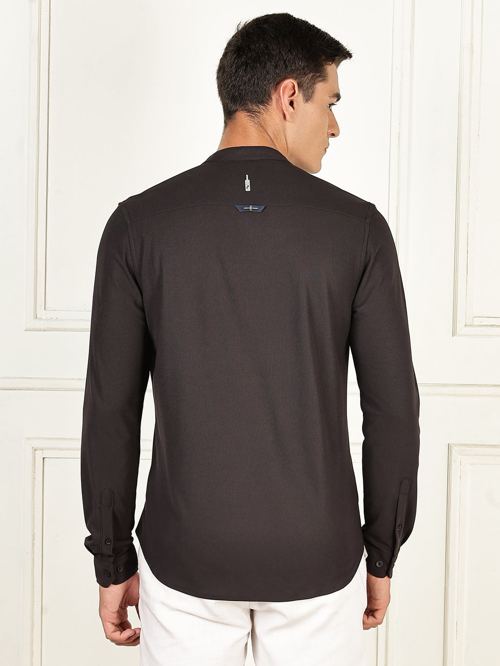 Thomas Scott Men Black Premium Slim Fit Long Sleeves Mandarin Collar 4 Way Stretch CoolMax Knitted Shirt