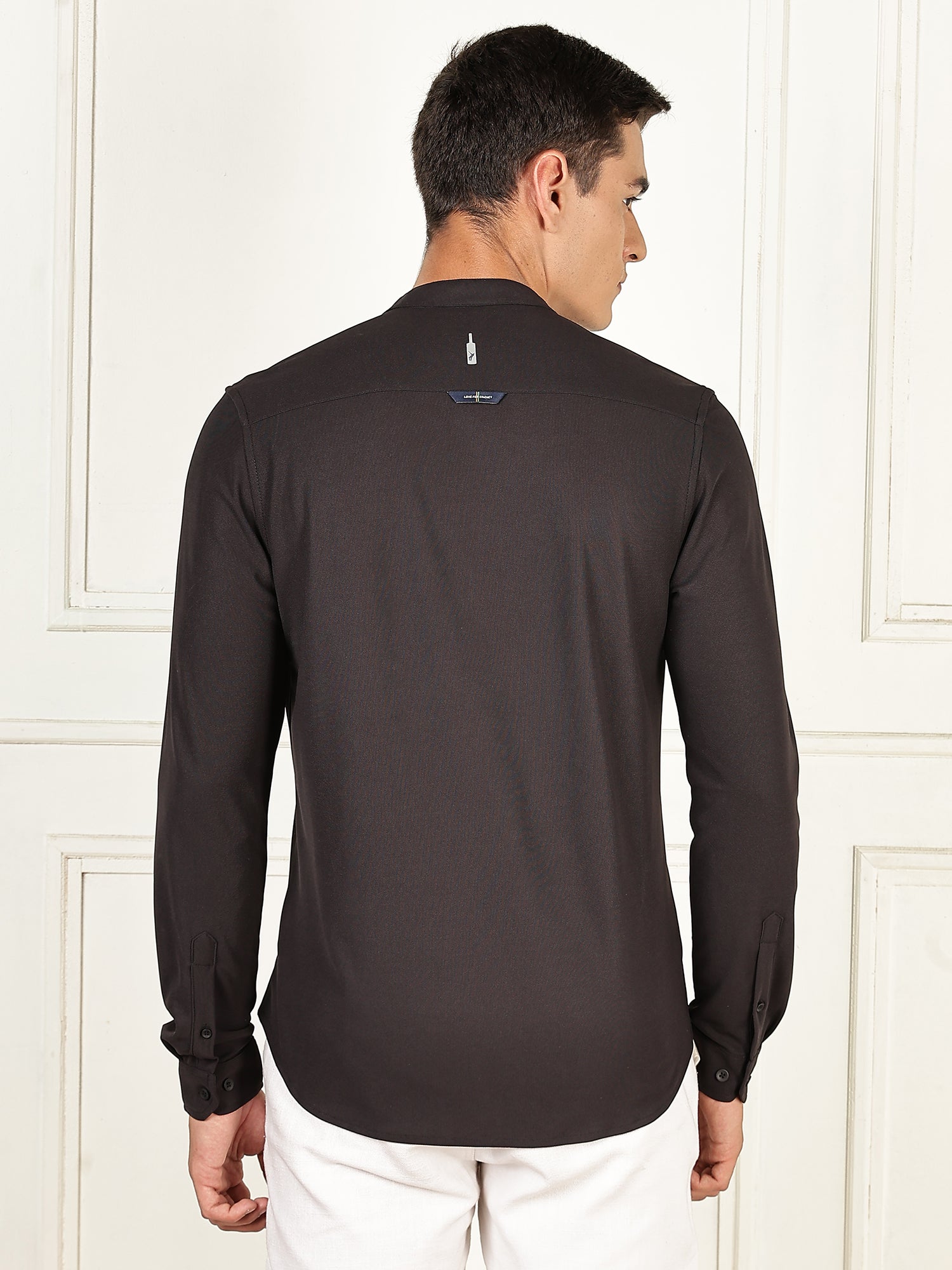 Thomas Scott Men Black Premium Slim Fit Long Sleeves Mandarin Collar 4 Way Stretch CoolMax Knitted Shirt