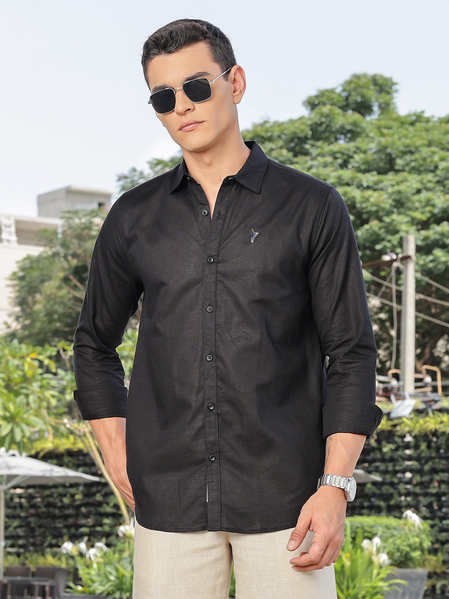 Thomas Scott Men Black Slim Fit Long Sleeves Spread Collar Linen Casual Shirt