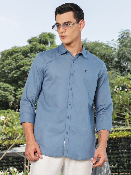 Thomas Scott Men Blue Slim Fit Long Sleeves Spread Collar Linen Casual Shirt