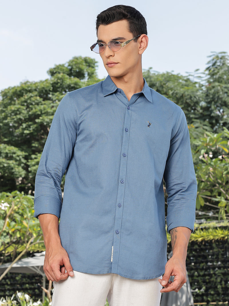 Thomas Scott Men Blue Slim Fit Long Sleeves Spread Collar Linen Casual Shirt