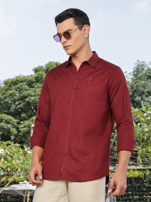 Thomas Scott Men Maroon Slim Fit Long Sleeves Spread Collar Linen Casual Shirt