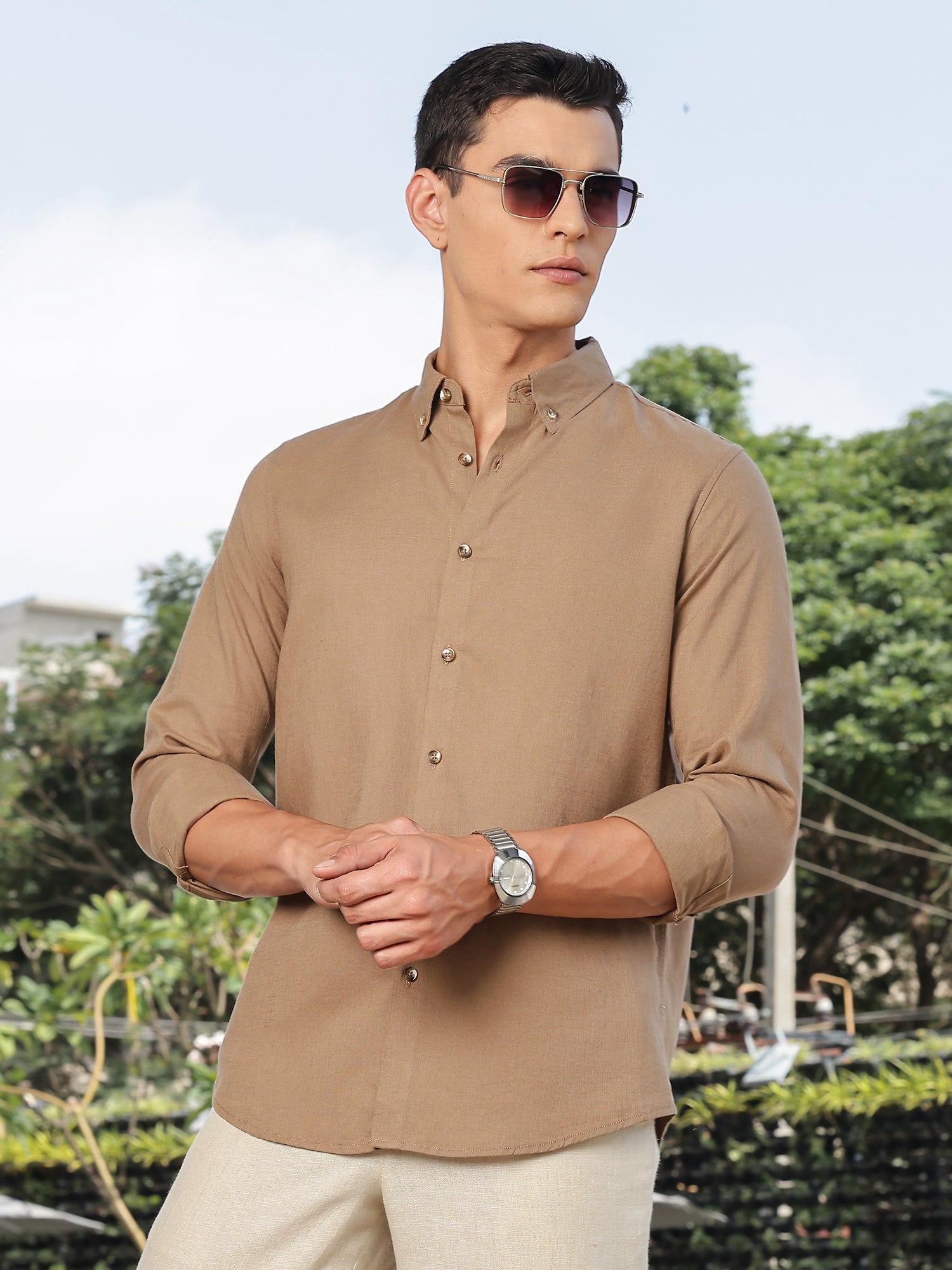 Thomas Scott Men Brown Slim Fit Long Sleeves Button-Down Collar Lyocel Linen Casual Shirt