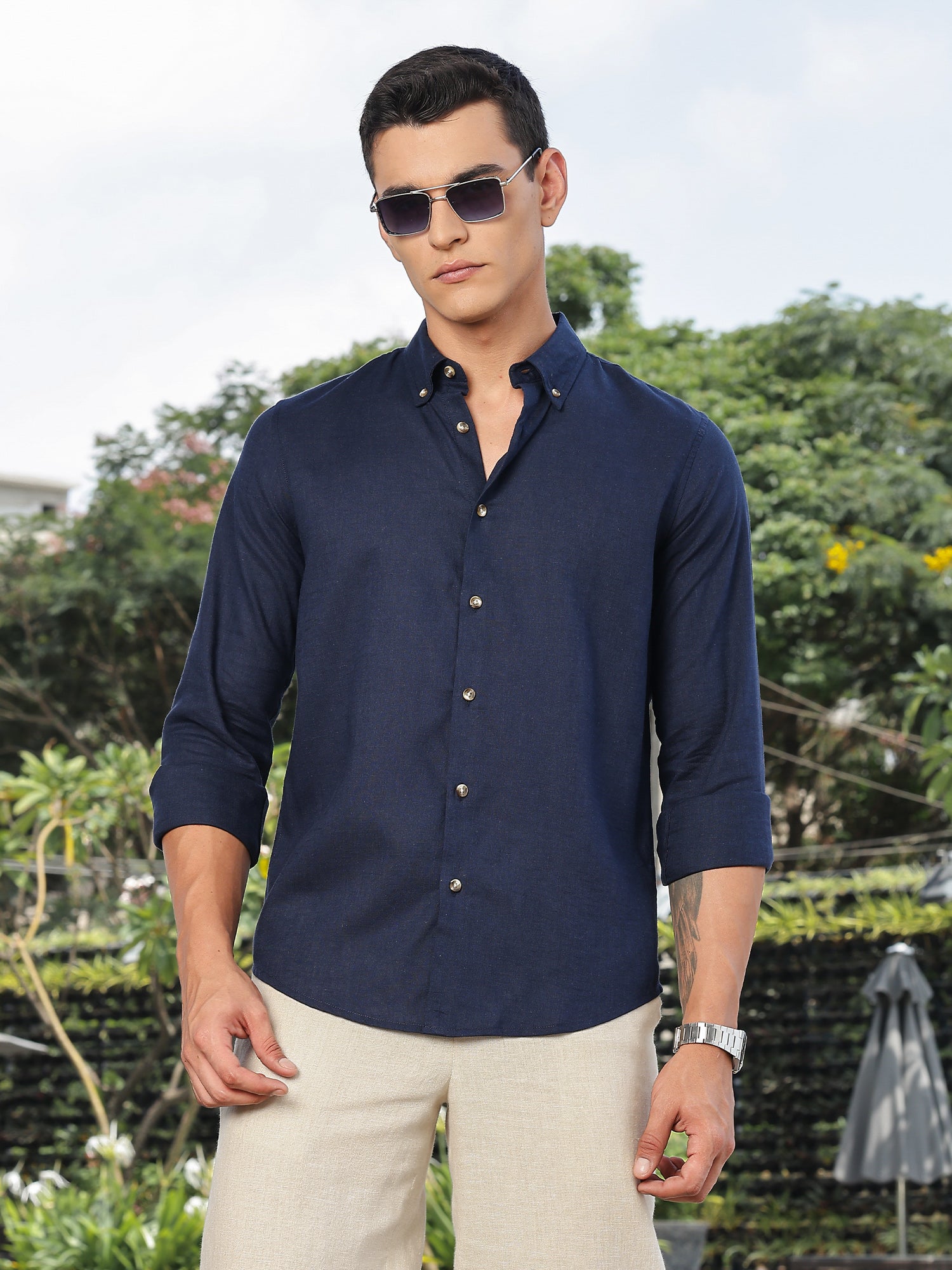Thomas Scott Men Navy Slim Fit Long Sleeves Button-Down Collar Lyocel Linen Casual Shirt