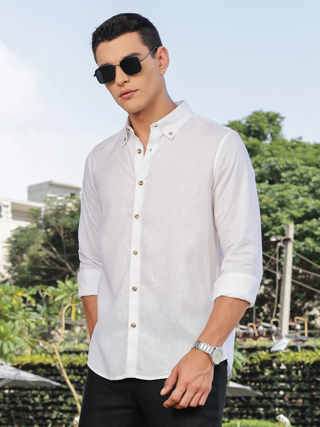 Thomas Scott Men White Slim Fit Long Sleeves Button-Down Collar Lyocel Linen Casual Shirt