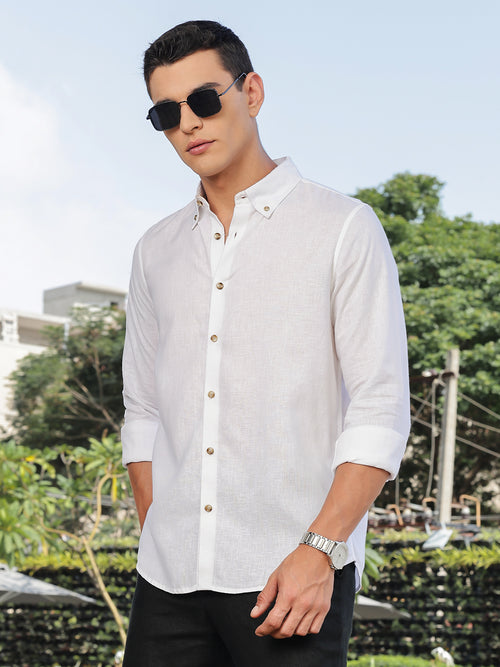 Thomas Scott Men White Slim Fit Long Sleeves Button-Down Collar Lyocel Linen Casual Shirt