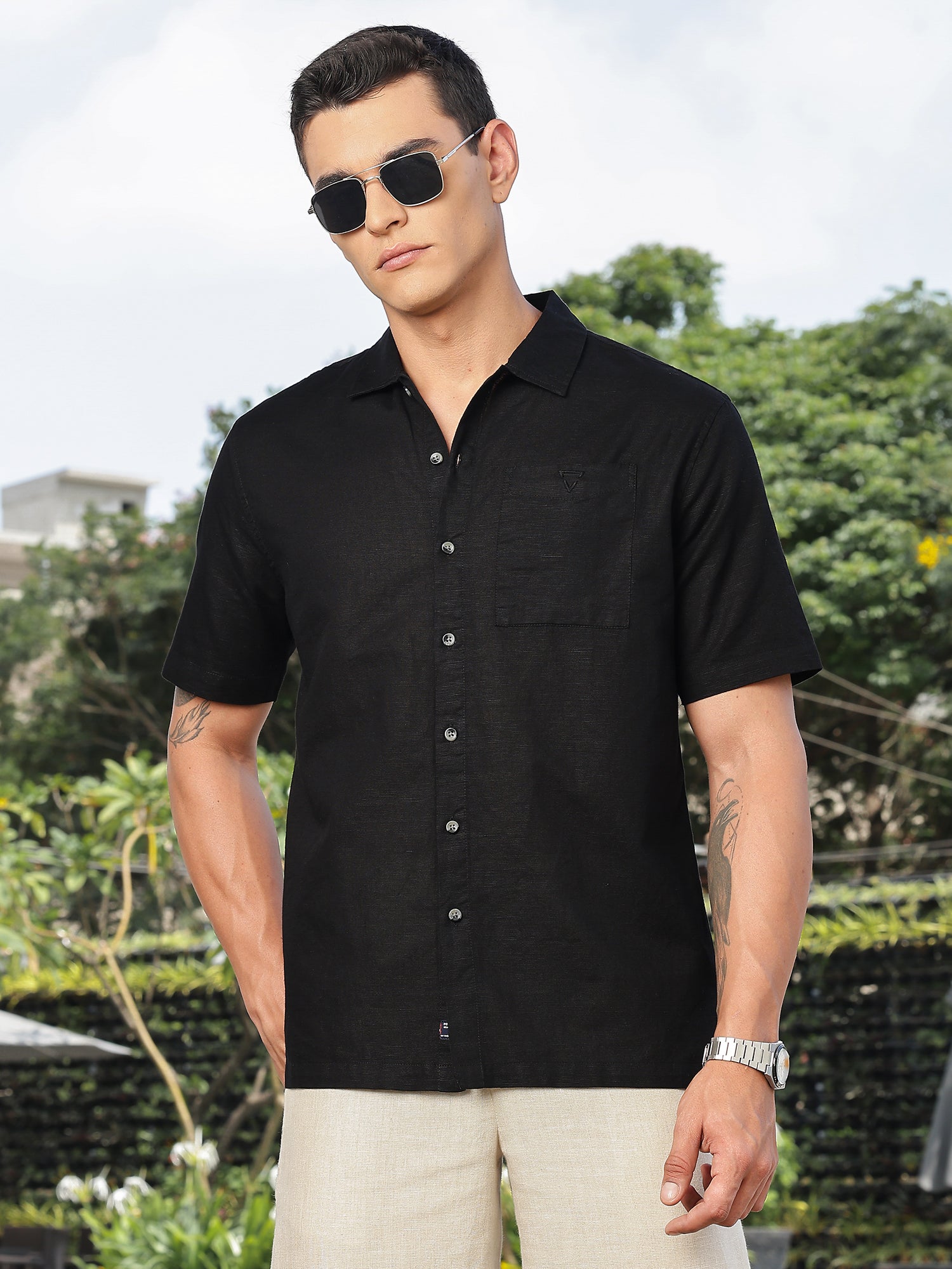 Thomas Scott Men Black Short Sleeves Oversized Cotton Linen Casual Shirt