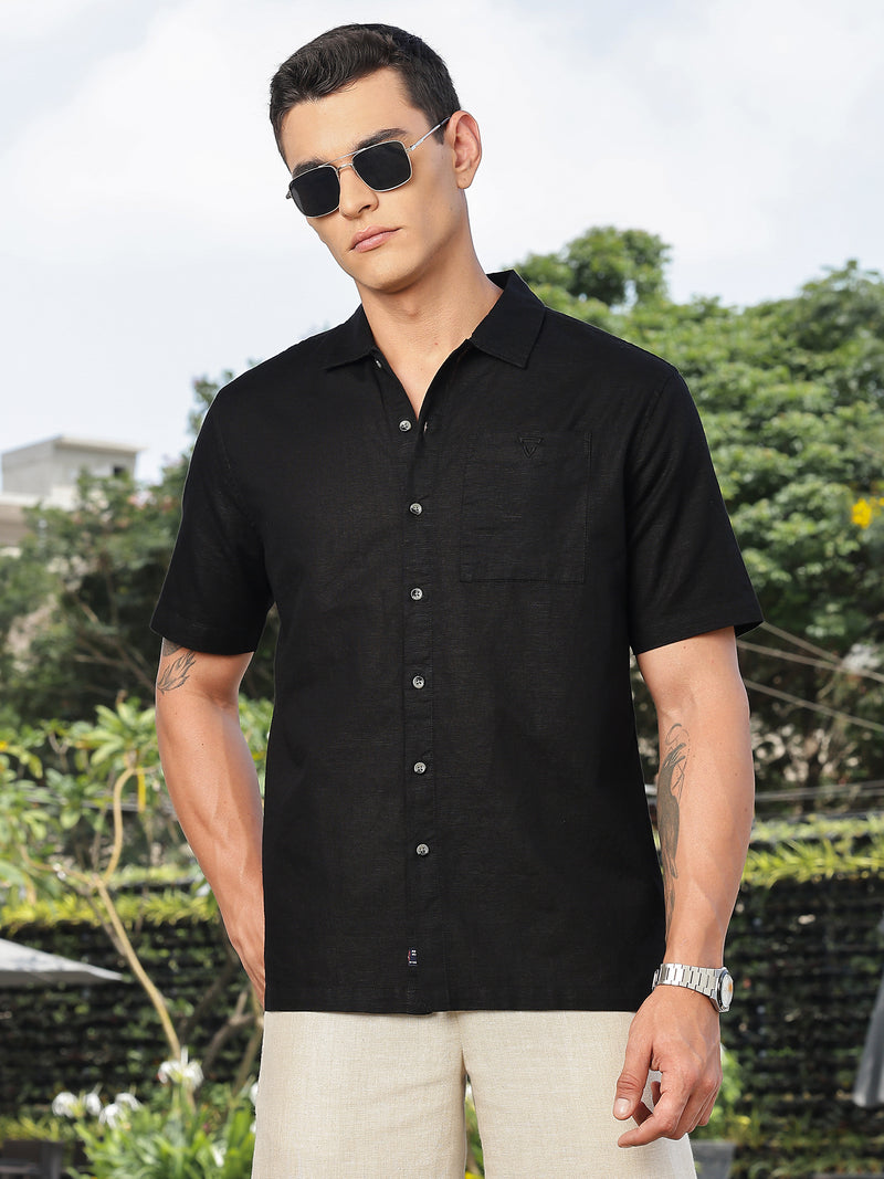 Thomas Scott Men Black Short Sleeves Oversized Cotton Linen Casual Shirt