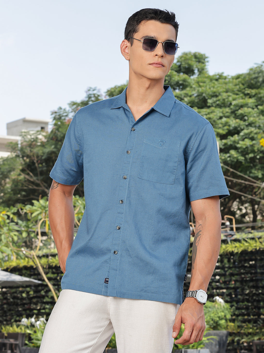 Thomas Scott Men Dark Blue Short Sleeves Oversized Cotton Linen Casual Shirt