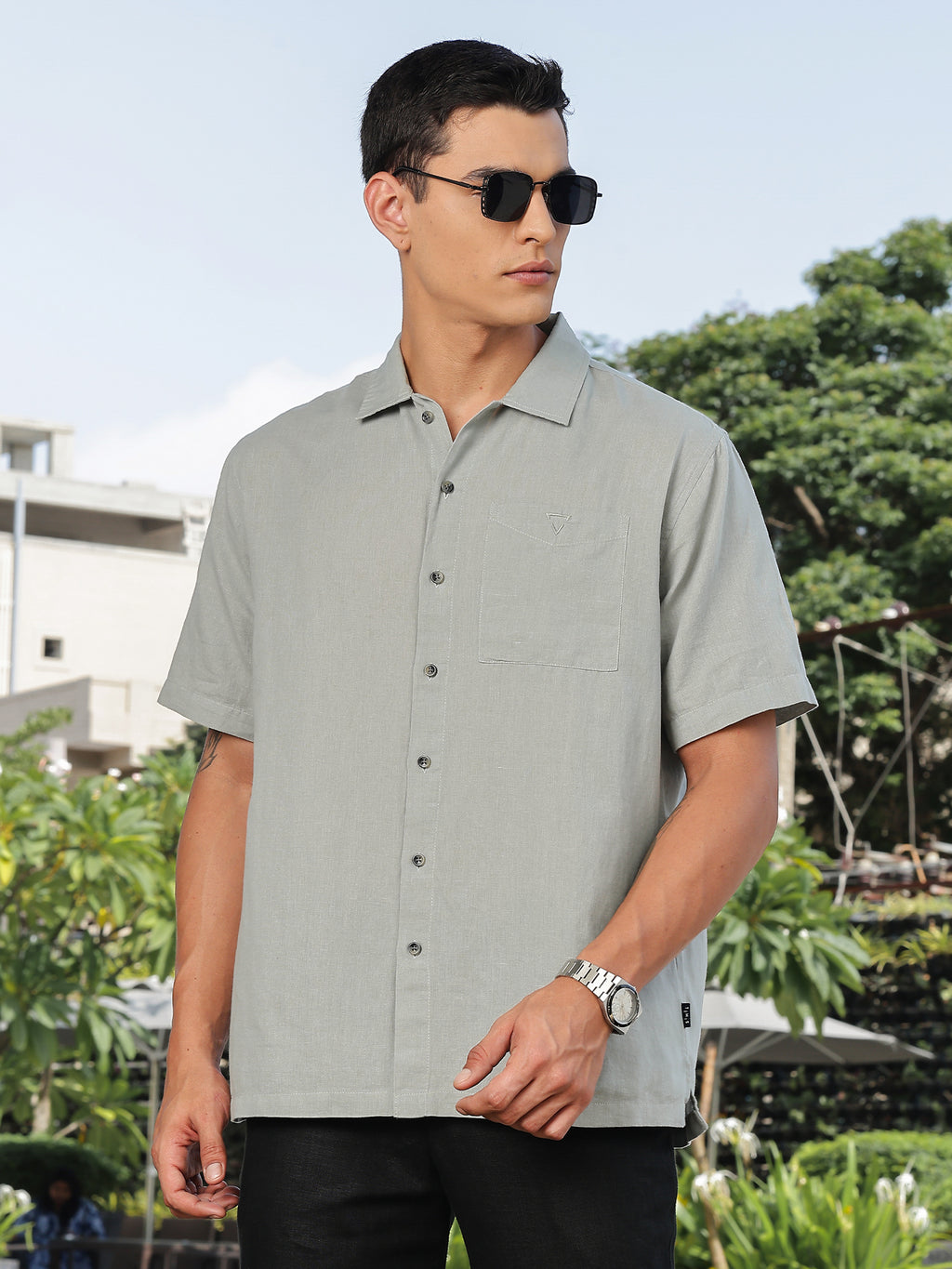 Thomas Scott Men Grey Short Sleeves Oversized Cotton Linen Casual Shirt