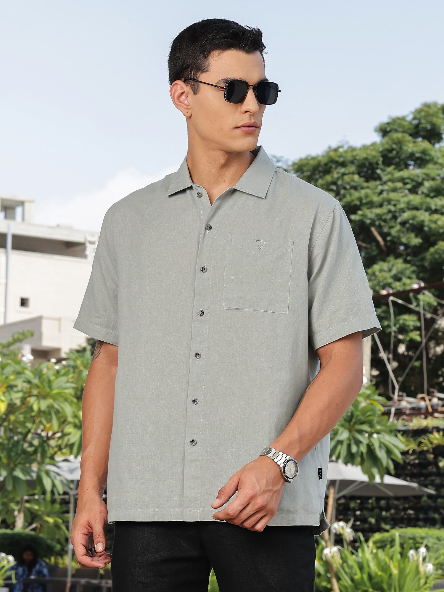 Thomas Scott Men Grey Short Sleeves Oversized Cotton Linen Casual Shirt