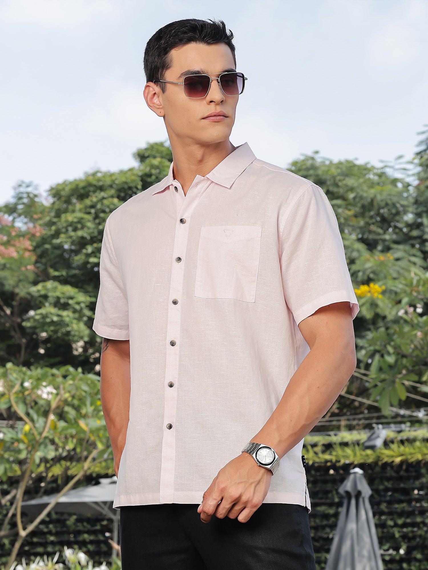 Thomas Scott Men Pink Short Sleeves Oversized Cotton Linen Casual Shirt