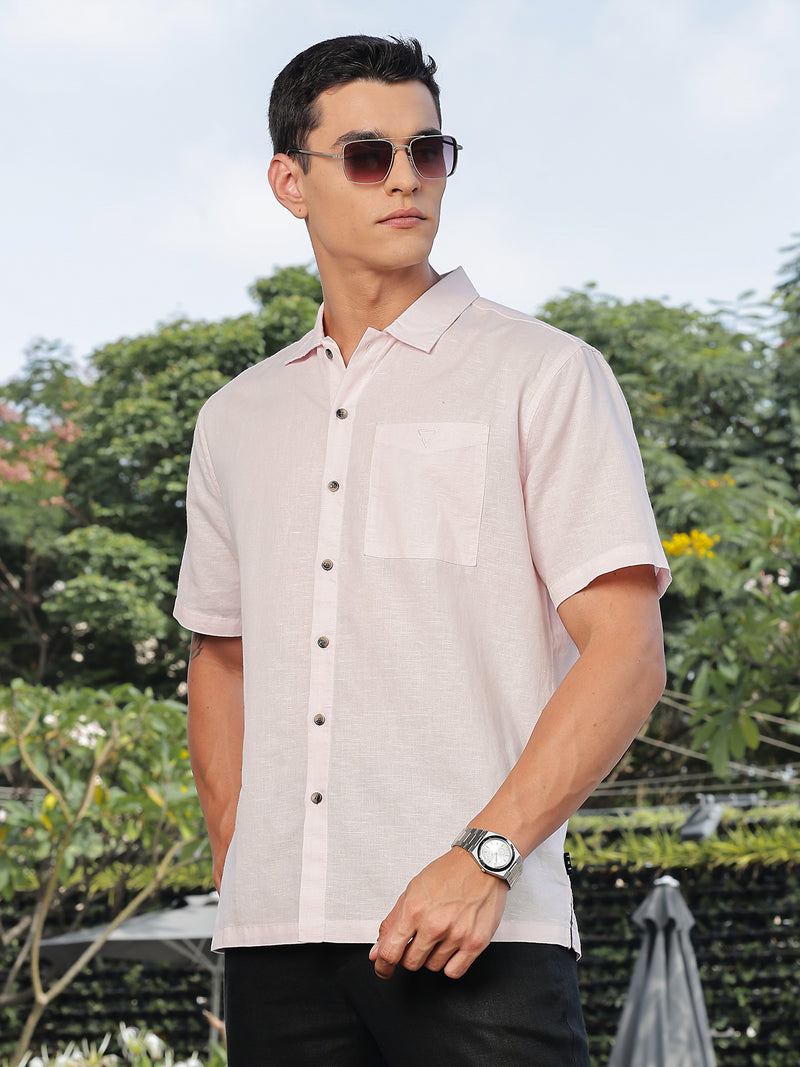 Thomas Scott Men Pink Short Sleeves Oversized Cotton Linen Casual Shirt