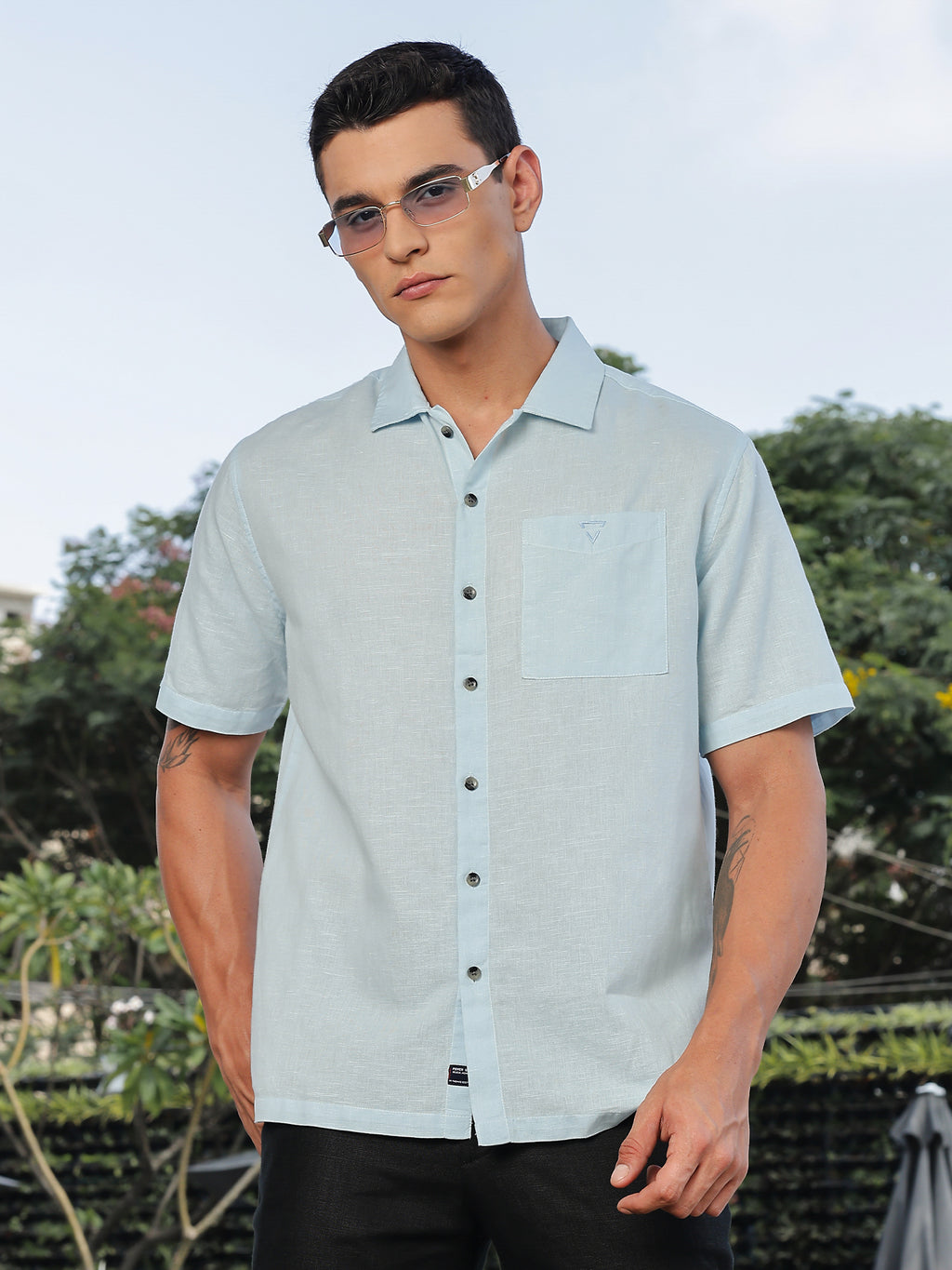 Thomas Scott Men Sky Blue Short Sleeves Oversized Cotton Linen Casual Shirt