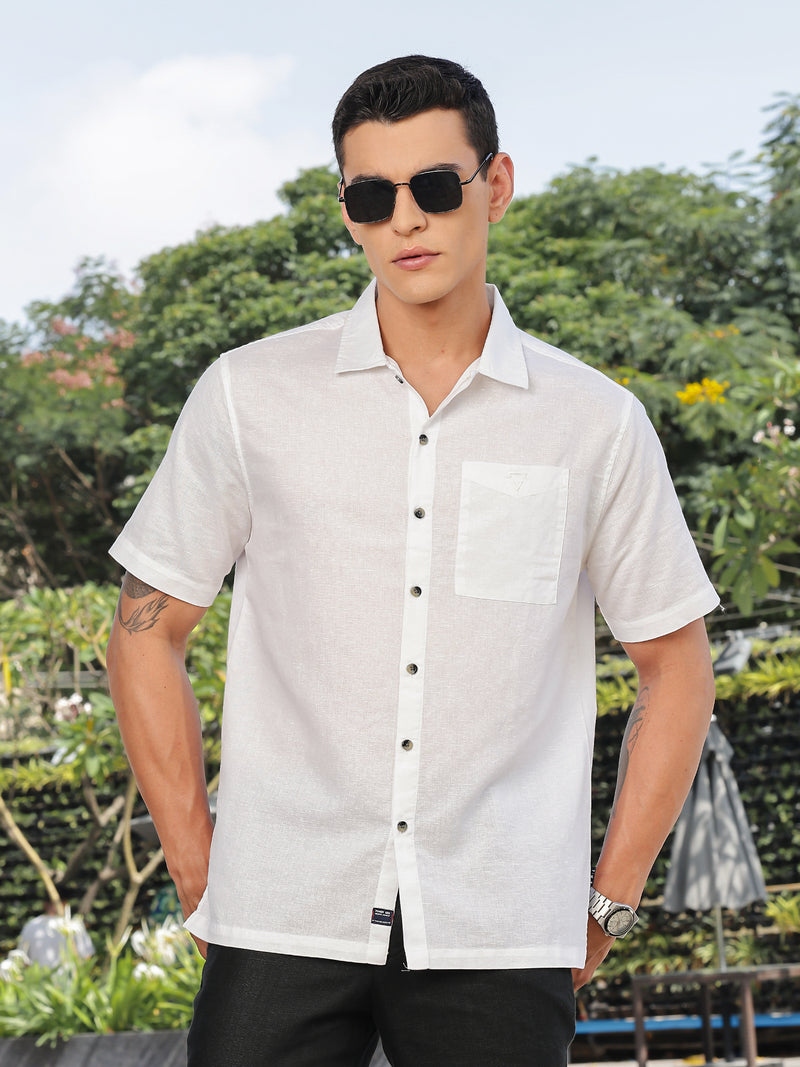 Thomas Scott Men White Short Sleeves Oversized Cotton Linen Casual Shirt