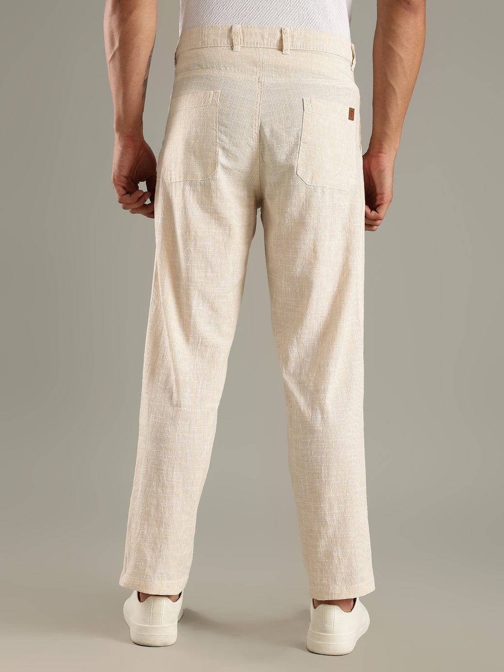 Thomas Scott Men Beige Straight Fit Mid-Rise Sriped Linen Trouser