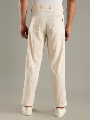Thomas Scott Men Beige Straight Fit Mid-Rise Sriped Linen Trouser