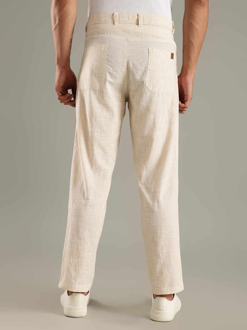 Thomas Scott Men Beige Straight Fit Mid-Rise Sriped Linen Trouser