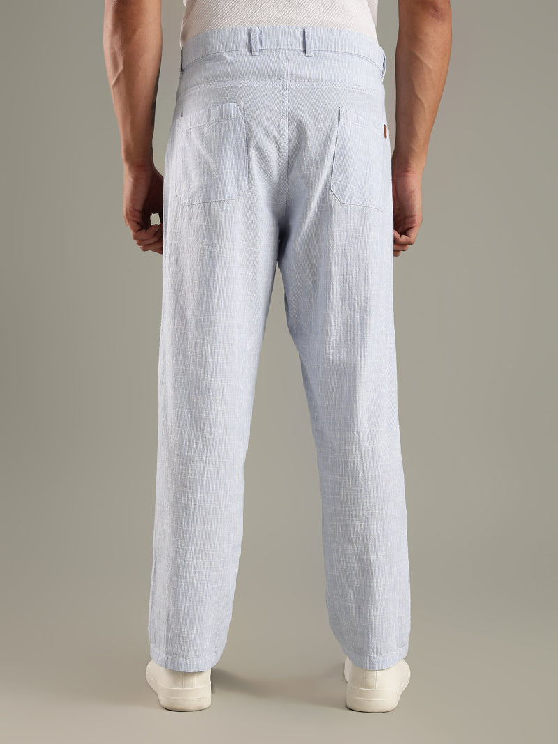 Thomas Scott Men Blue Straight Fit Mid-Rise Sriped Linen Trouser