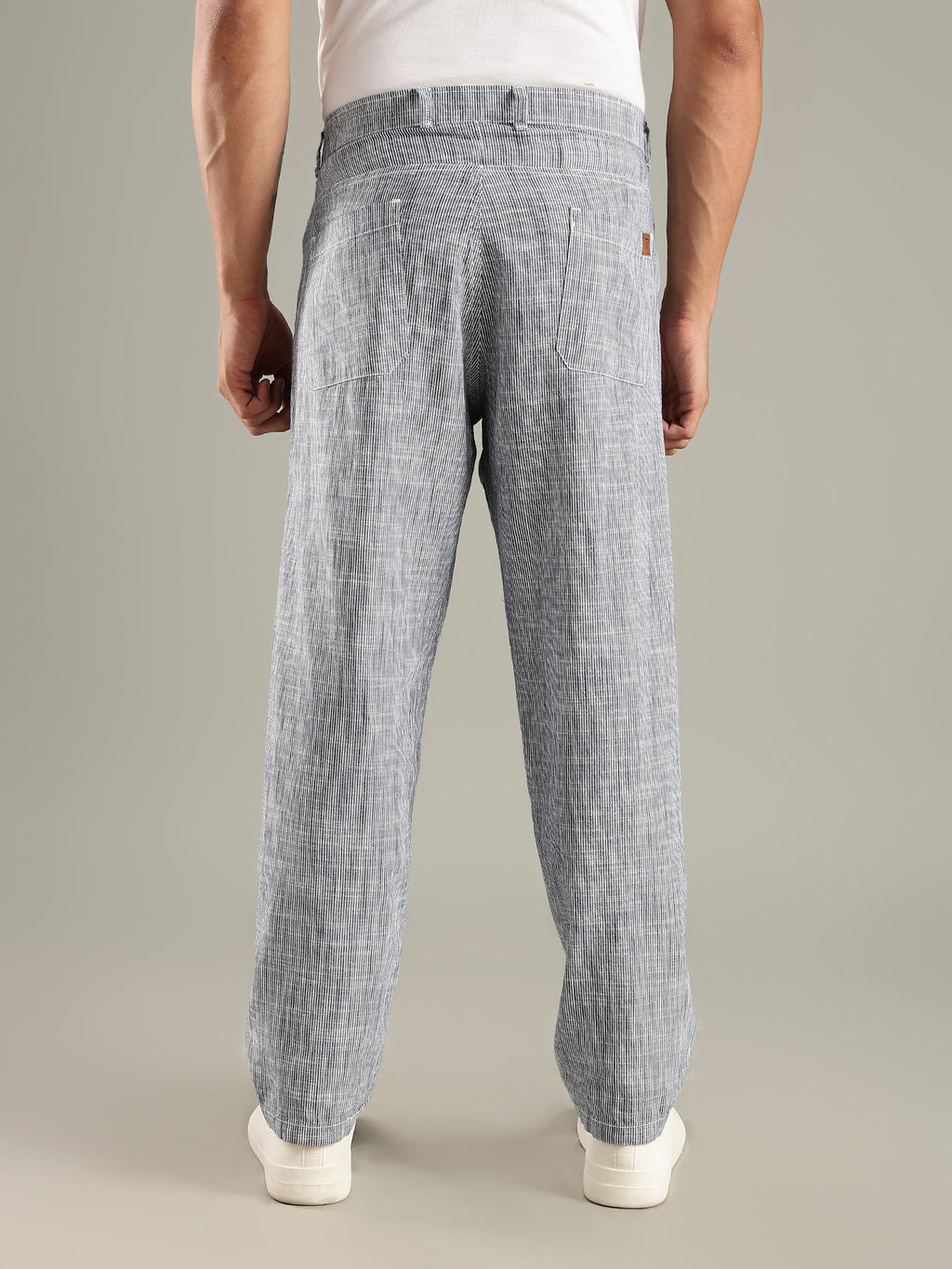 Thomas Scott Men Navy Straight Fit Mid-Rise Sriped Linen Trouser