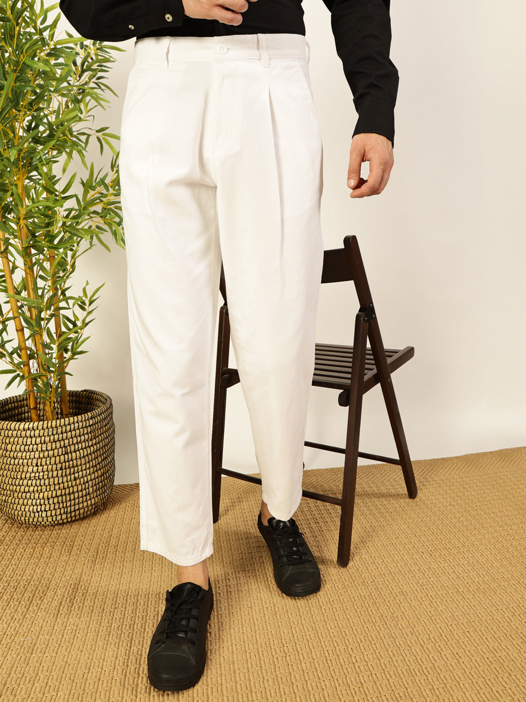 Thomas Scott Men Solid Smart Straight Fit Easy Wash Pleated Chinos Trousers