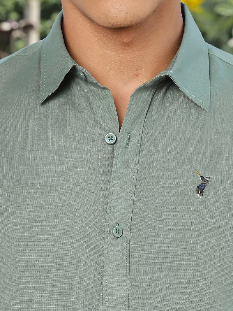 Thomas Scott Men Green Slim Fit Long Sleeves Spread Collar Linen Casual Shirt