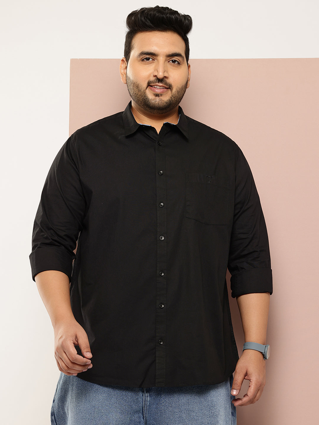 Thomas Scott Men Black Plus Size Regular Fit Long Sleeves Spread Collar Casual Shirt