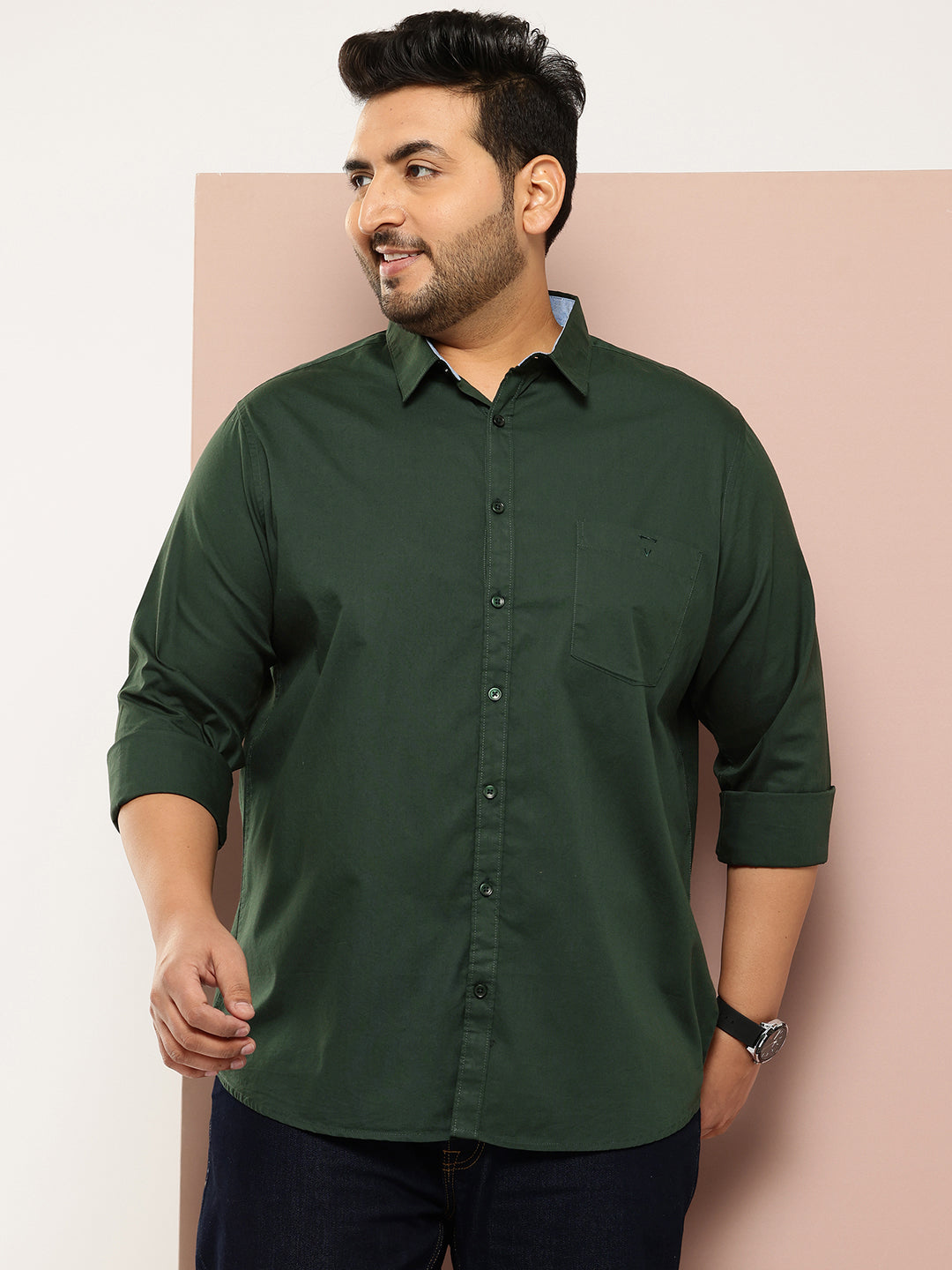 Thomas Scott Men Bottle Green Plus Size Regular Fit Long Sleeves Spread Collar Casual Shirt