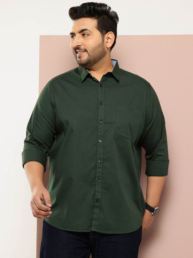 Thomas Scott Men Bottle Green Plus Size Regular Fit Long Sleeves Spread Collar Casual Shirt