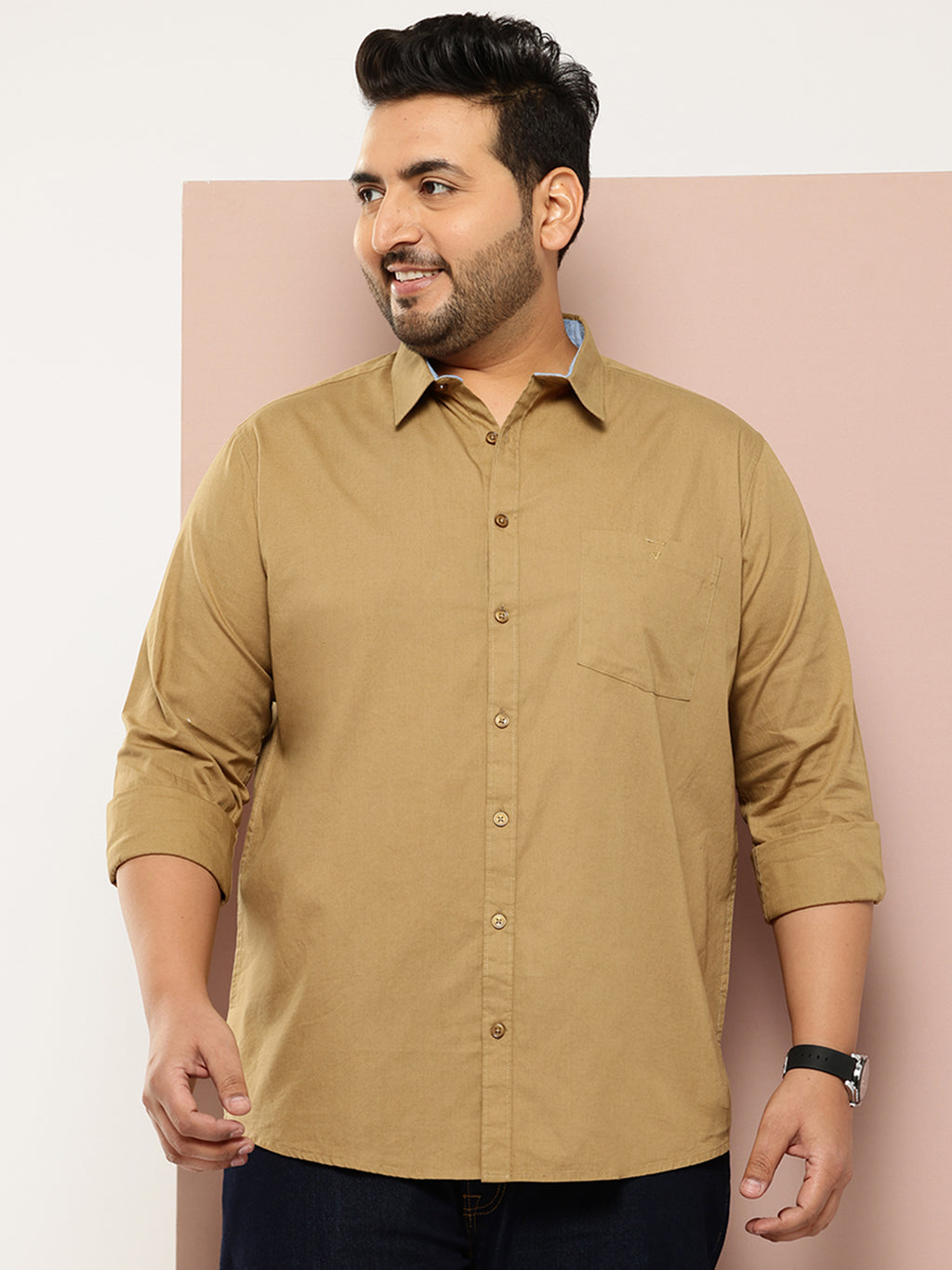 Thomas Scott Men Khaki Plus Size Regular Fit Long Sleeves Spread Collar Casual Shirt