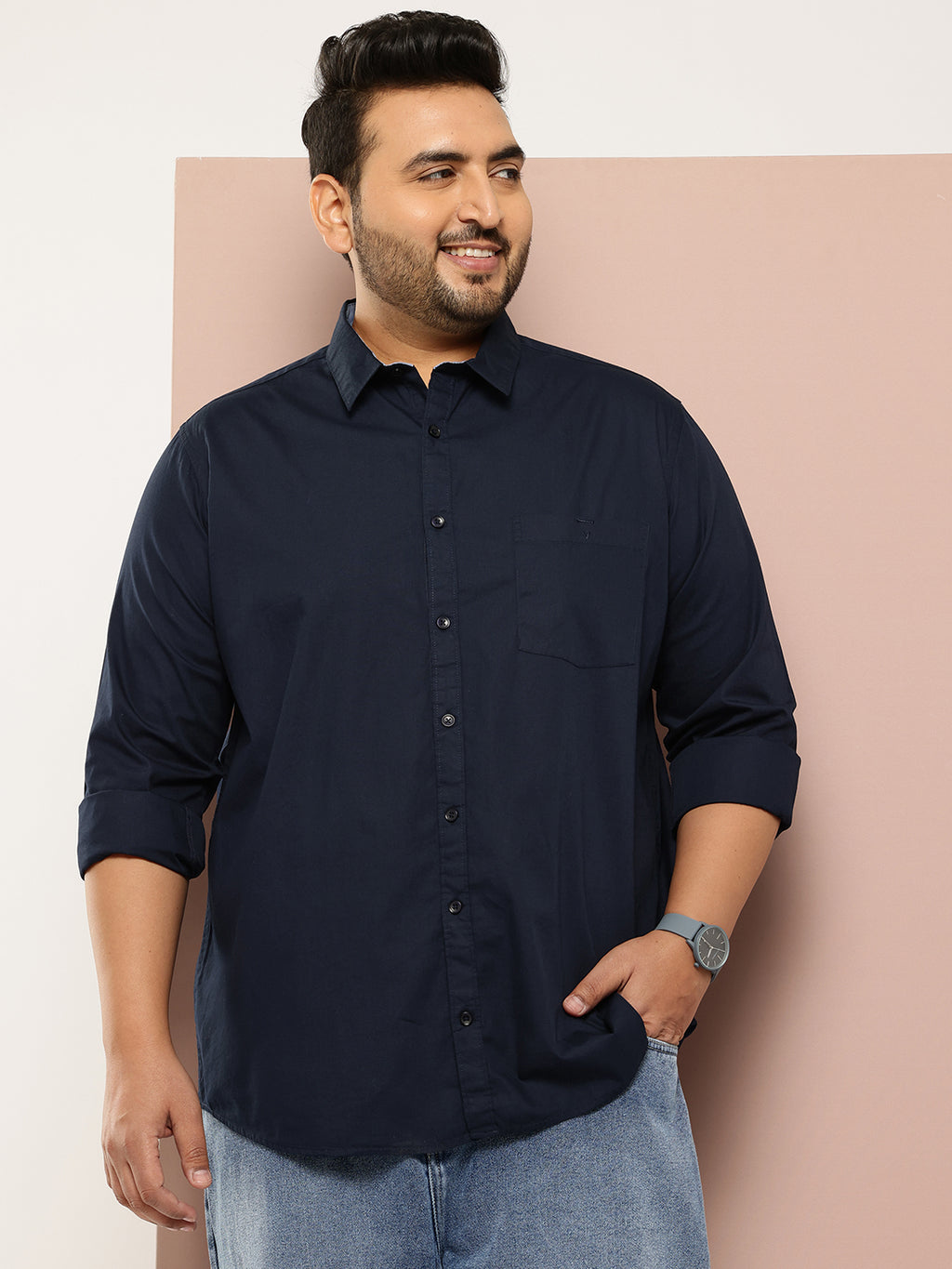 Thomas Scott Men Navy Plus Size Regular Fit Long Sleeves Spread Collar Casual Shirt