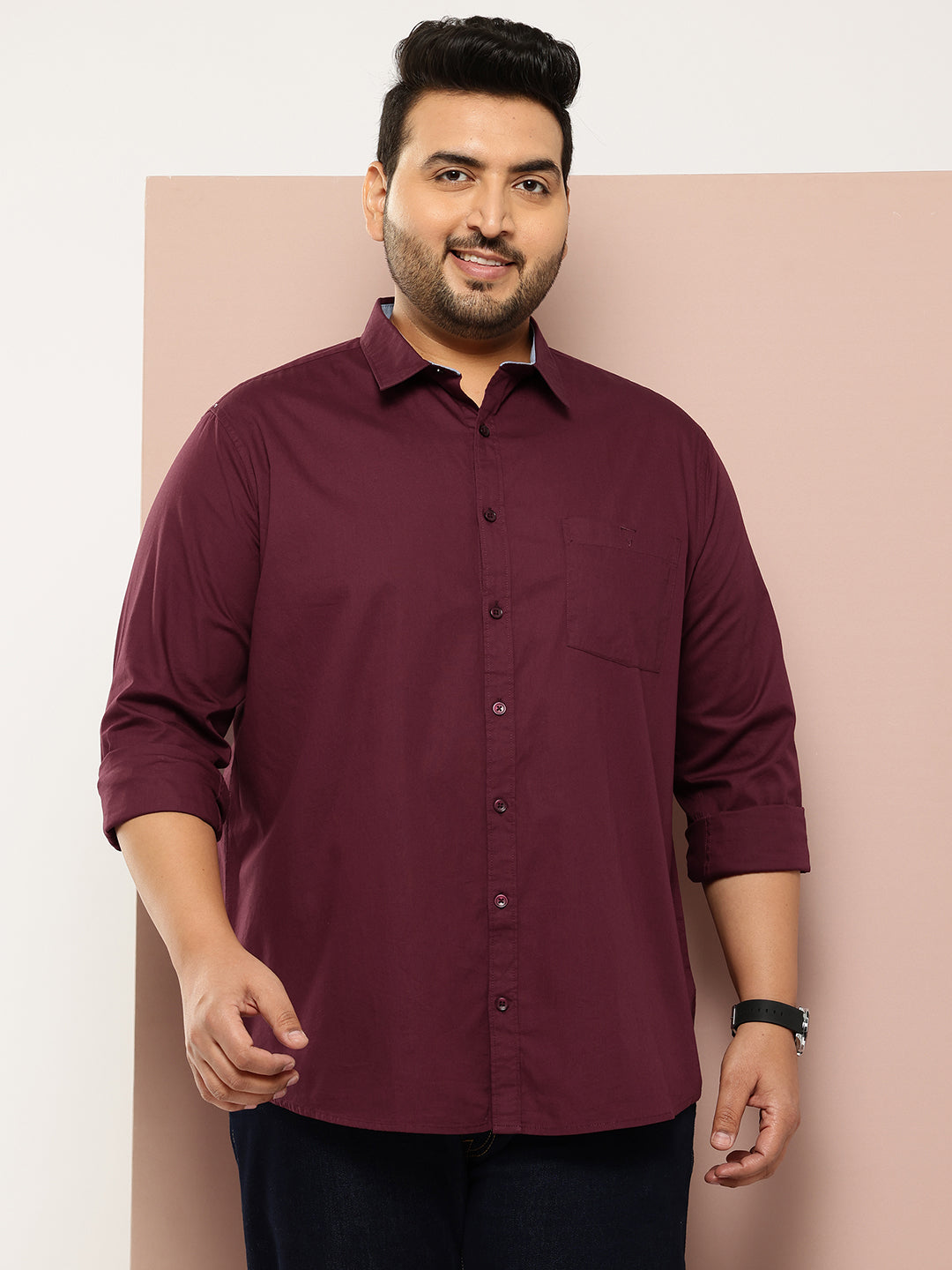 Thomas Scott Men Wine Plus Size Regular Fit Long Sleeves Spread Collar Casual Shirt