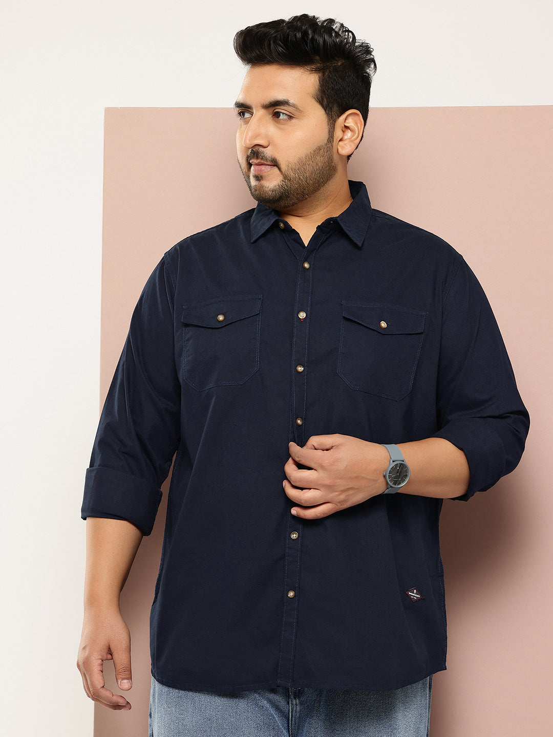 Thomas Scott Men Navy Plus Size Regular Fit Long Sleeves Spread Collar Casual Shirt