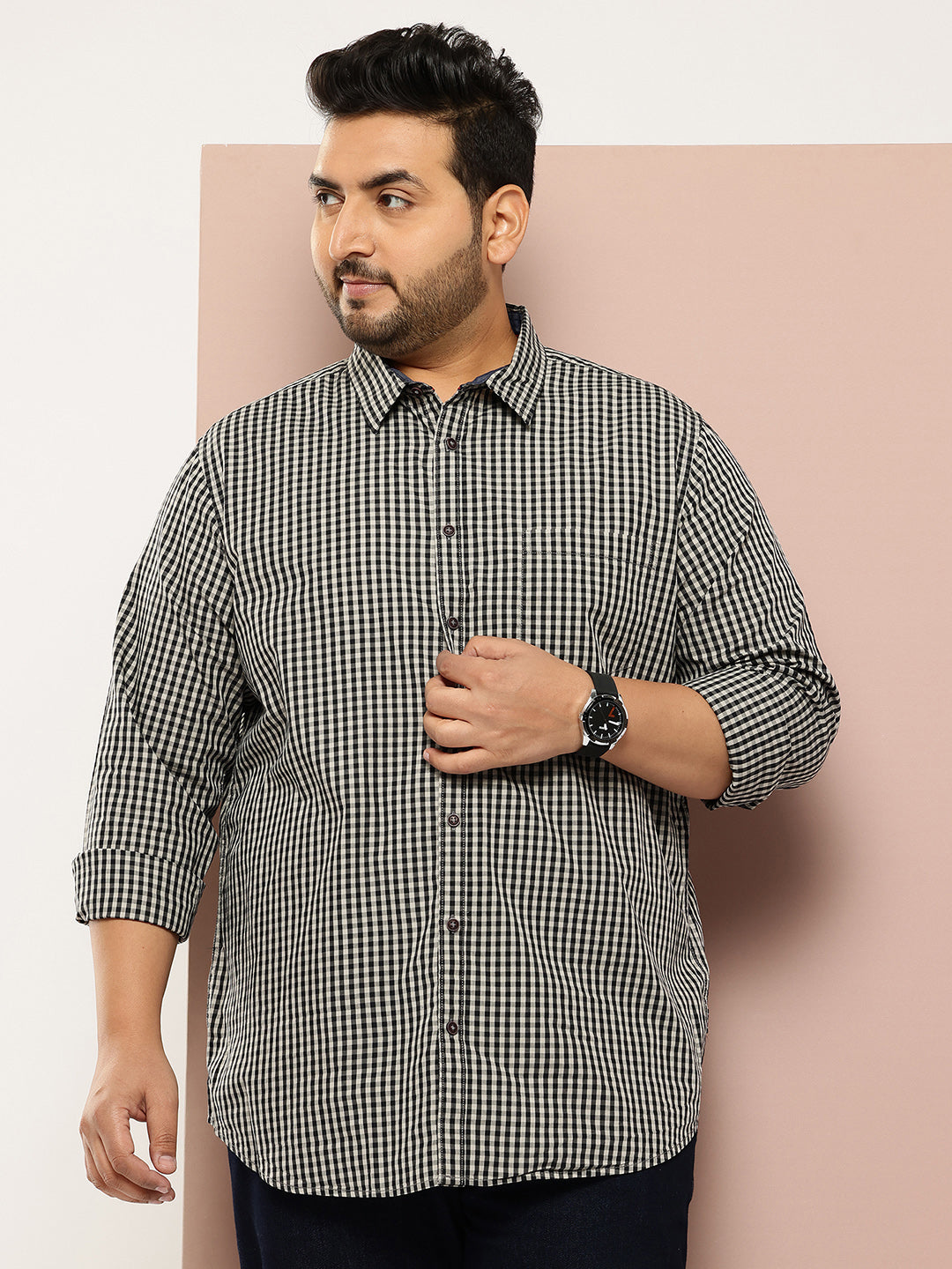 Thomas Scott Men Black Plus Size Regular Fit Long Sleeves Gingham Checks Woven Casual Shirt