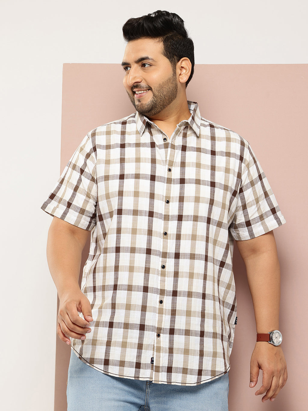 Thomas Scott Men Brown Plus Size Regular Fit Short Sleeves Spread Collar Tartan Checks Casual Shirt