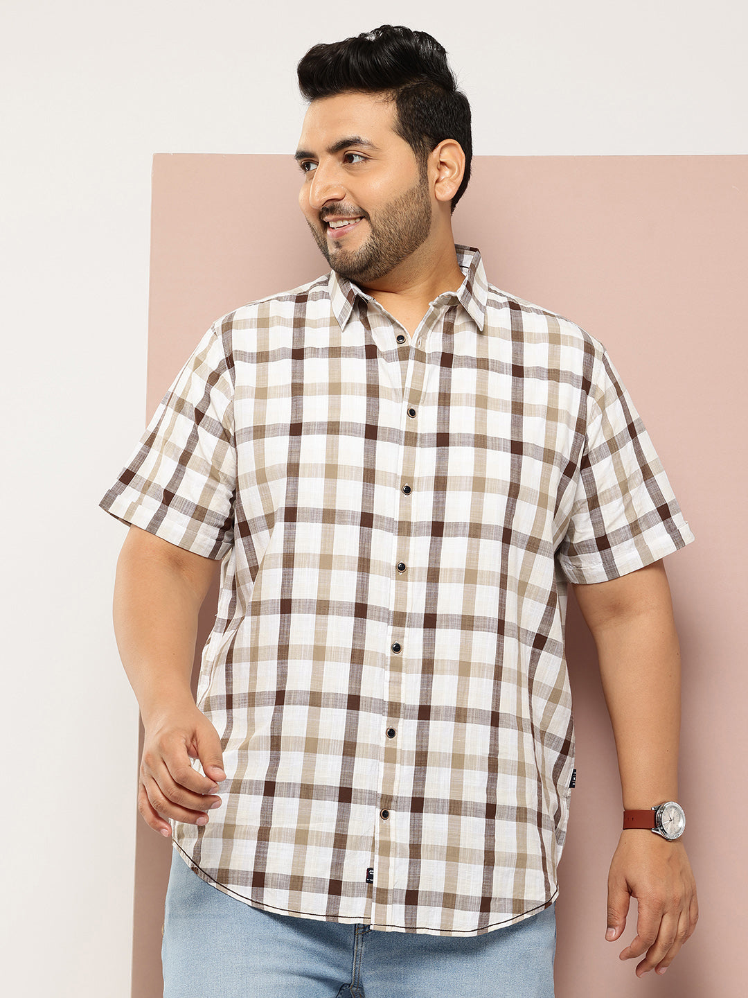 Thomas Scott Men Brown Plus Size Regular Fit Short Sleeves Spread Collar Tartan Checks Casual Shirt