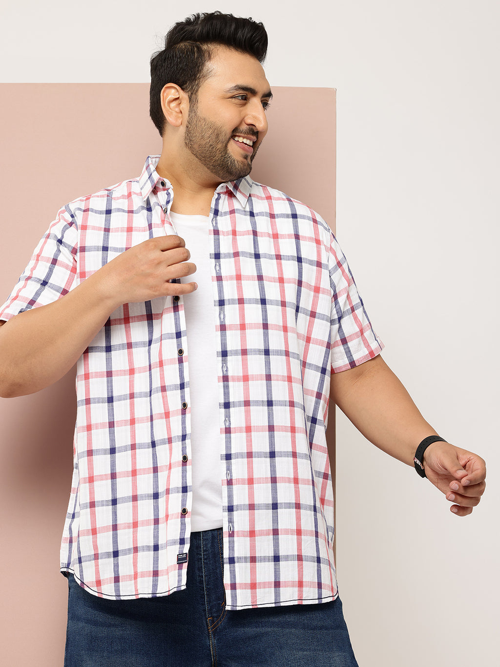 Thomas Scott Men Red Plus Size Regular Fit Short Sleeves Spread Collar Tartan Checks Casual Shirt